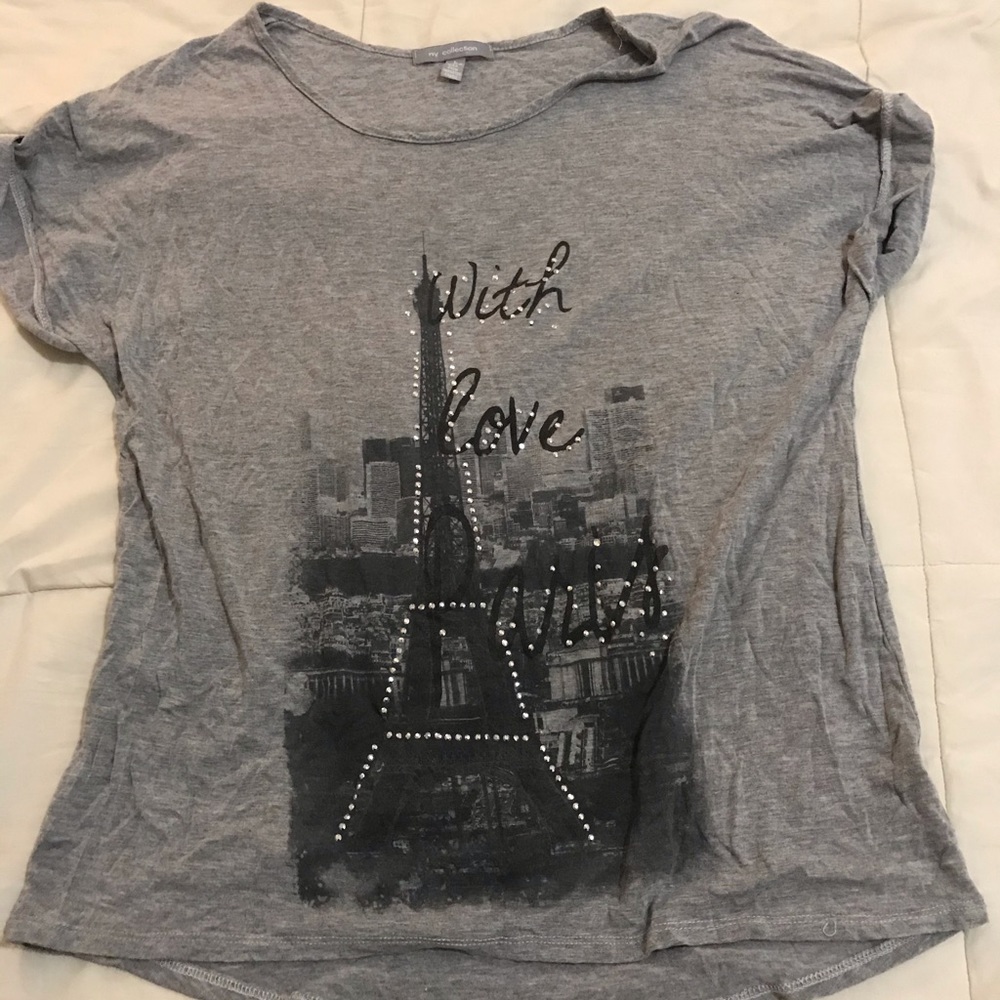 NY Collection Gray Short Sleeve Tee with Eiffel Tower Graphic